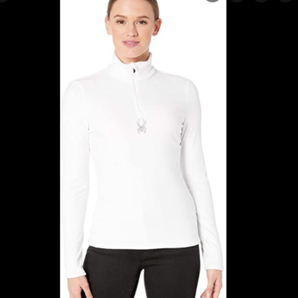Spyder womens L white shimmer bug zip t- neck ski snow base layer